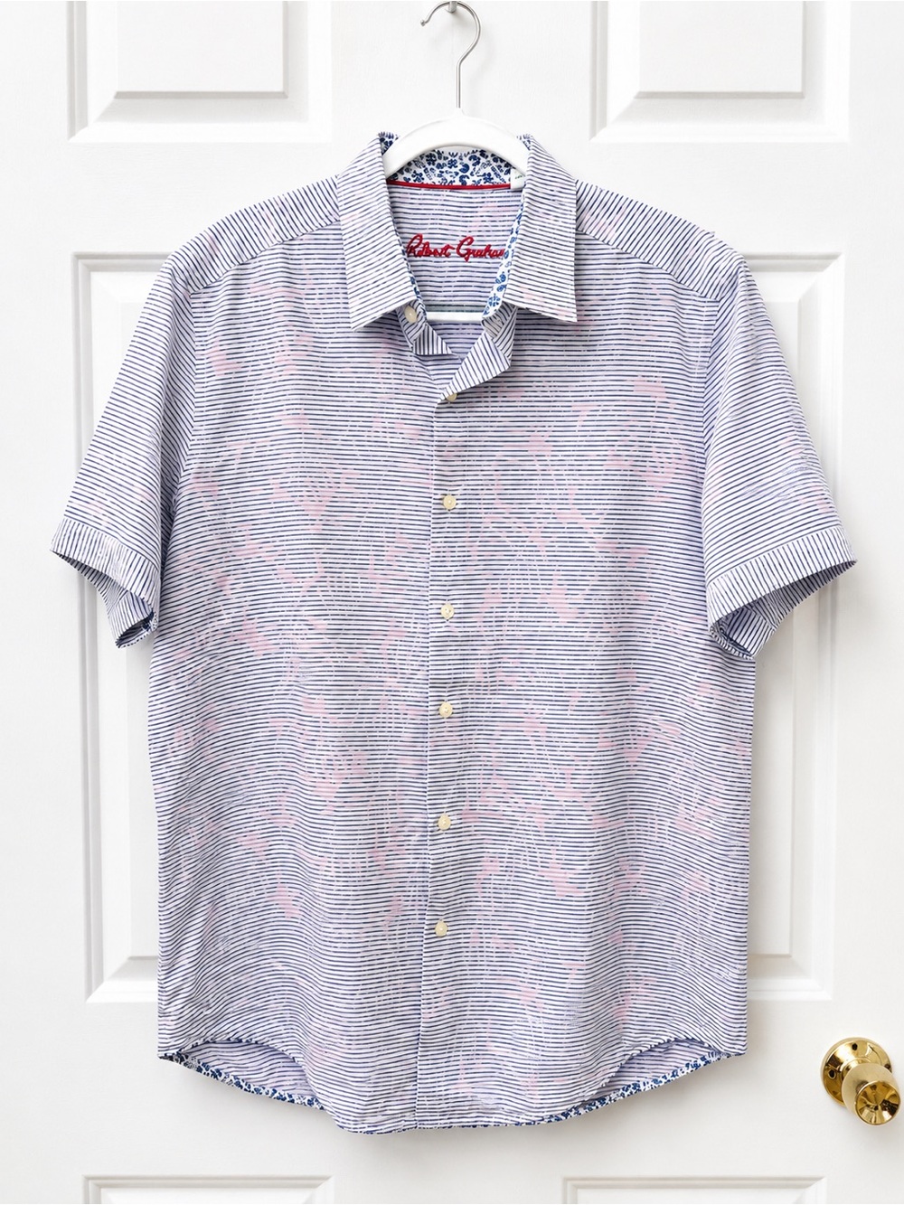 Robert Graham Men’s Short Sleeve Button Down - Pink Blue Stripe Flamingo Print